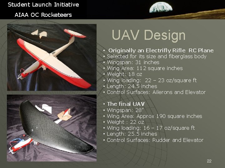 Student Launch Initiative AIAA OC Rocketeers UAV Design • Originally an Electrifly Rifle RC