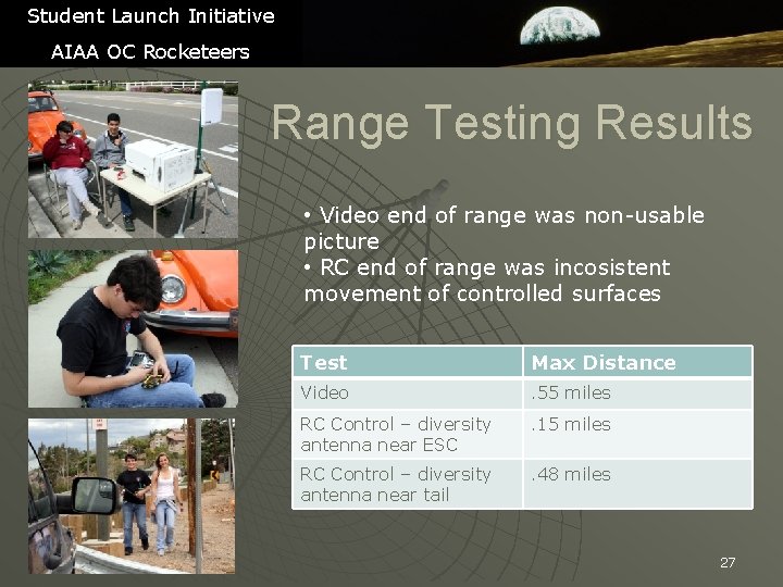 Student Launch Initiative AIAA OC Rocketeers Range Testing Results • Video end of range