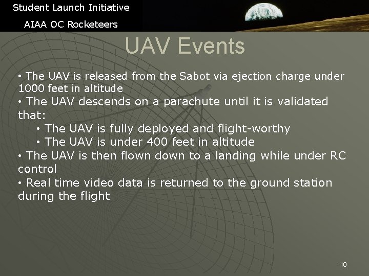 Student Launch Initiative AIAA OC Rocketeers UAV Events • The UAV is released from