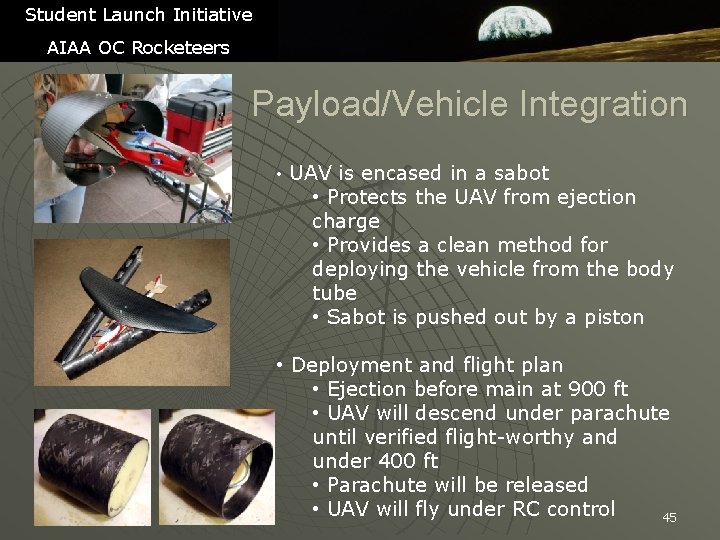 Student Launch Initiative AIAA OC Rocketeers Payload/Vehicle Integration • UAV is encased in a