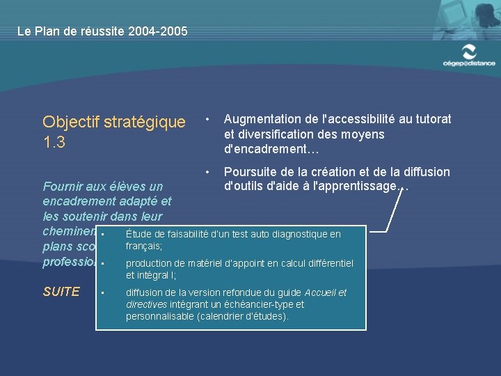 Le Plan de réussite 2004 -2005 Objectif stratégique 1. 3 • Augmentation de l'accessibilité