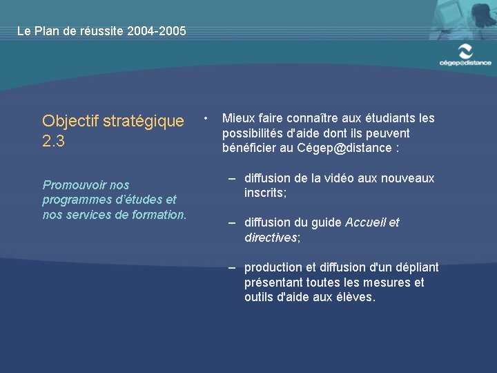 Le Plan de réussite 2004 -2005 Objectif stratégique 2. 3 Promouvoir nos programmes d’études