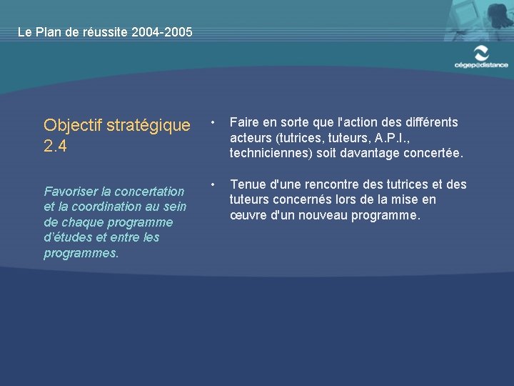 Le Plan de réussite 2004 -2005 Objectif stratégique 2. 4 Favoriser la concertation et