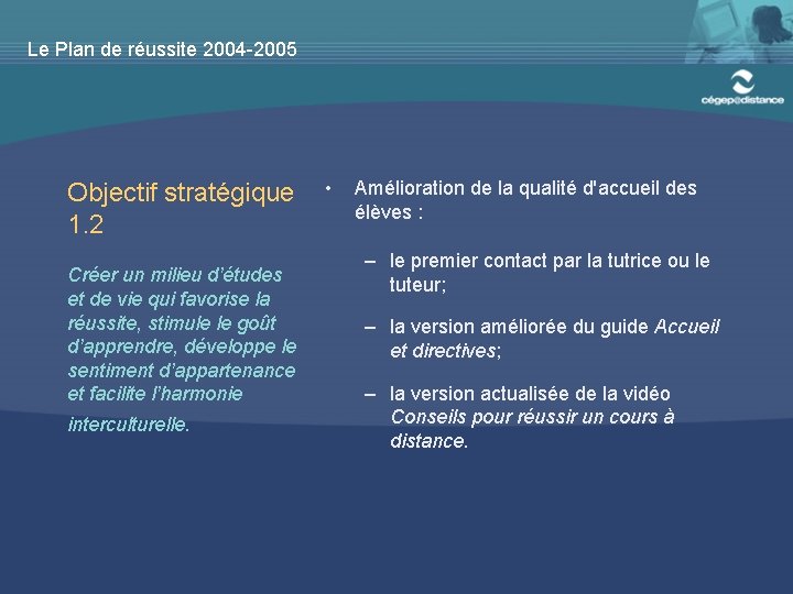 Le Plan de réussite 2004 -2005 Objectif stratégique 1. 2 Créer un milieu d’études