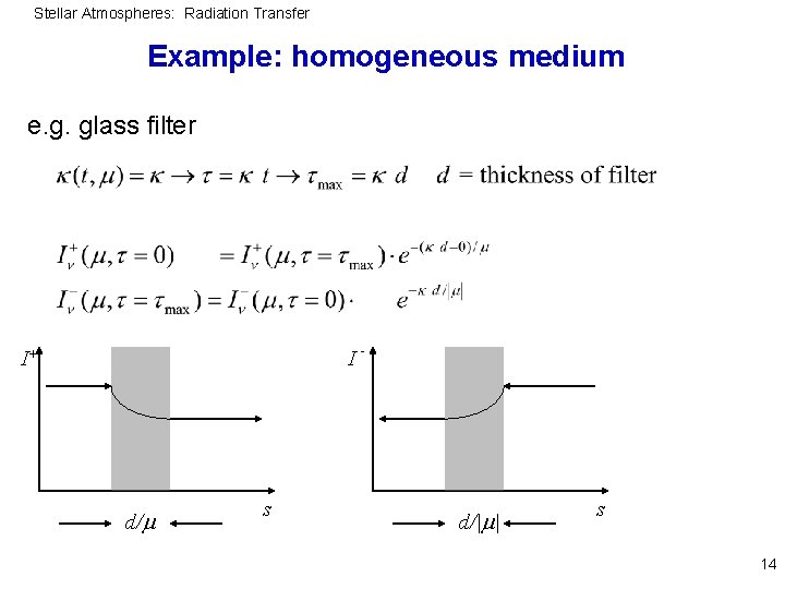 Stellar Atmospheres: Radiation Transfer Example: homogeneous medium e. g. glass filter I+ I d/