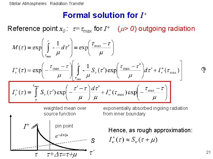 Stellar Atmospheres: Radiation Transfer Formal solution for I+ Reference point x 0 : =