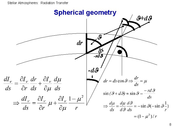 Stellar Atmospheres: Radiation Transfer Spherical geometry dr +d ds -rd -d 8 