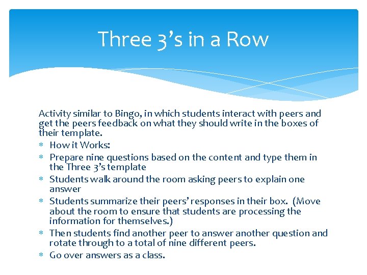 Three 3’s in a Row Activity similar to Bingo, in which students interact with