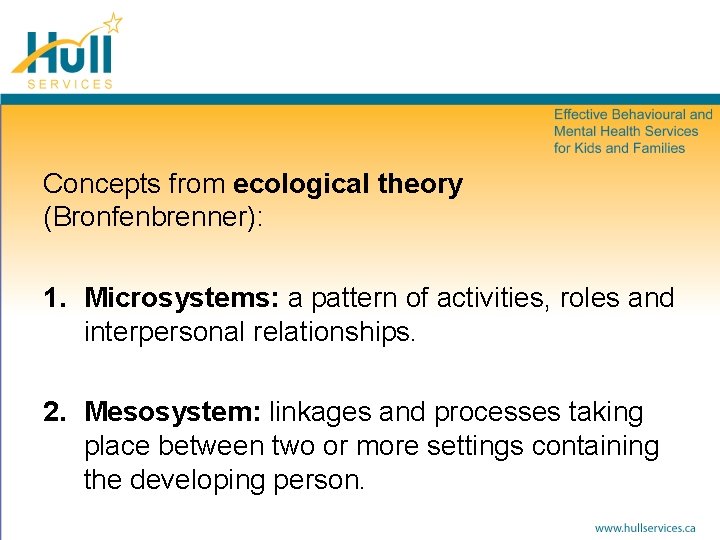 Concepts from ecological theory (Bronfenbrenner): 1. Microsystems: a pattern of activities, roles and interpersonal