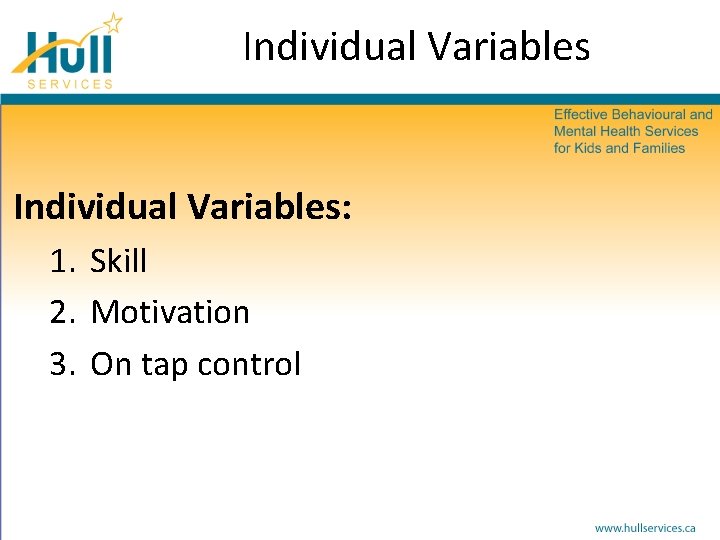 Individual Variables: 1. Skill 2. Motivation 3. On tap control 