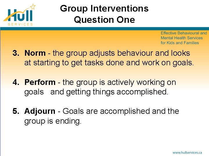Group Interventions Question One 3. Norm - the group adjusts behaviour and looks at