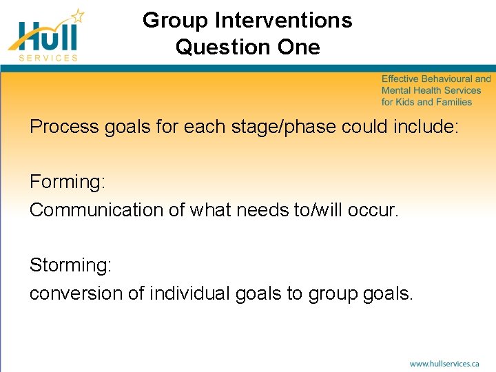 Group Interventions Question One Process goals for each stage/phase could include: Forming: Communication of