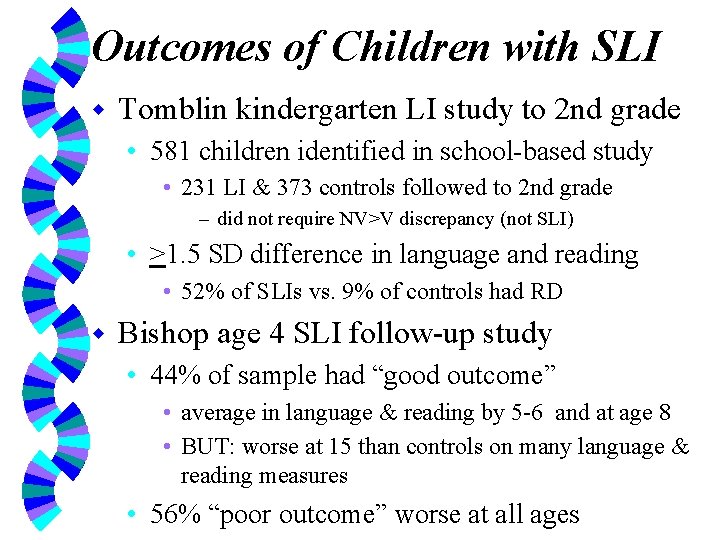 Outcomes of Children with SLI w Tomblin kindergarten LI study to 2 nd grade