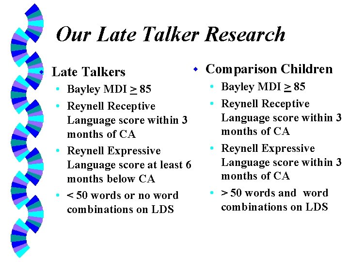 Our Late Talker Research w Late Talkers • Bayley MDI > 85 • Reynell