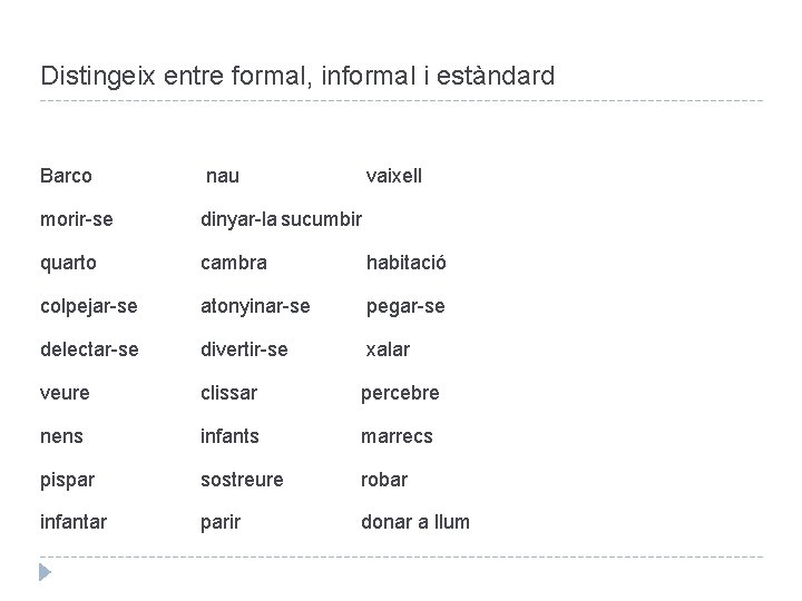 Distingeix entre formal, informal i estàndard Barco nau vaixell morir-se dinyar-la sucumbir quarto cambra