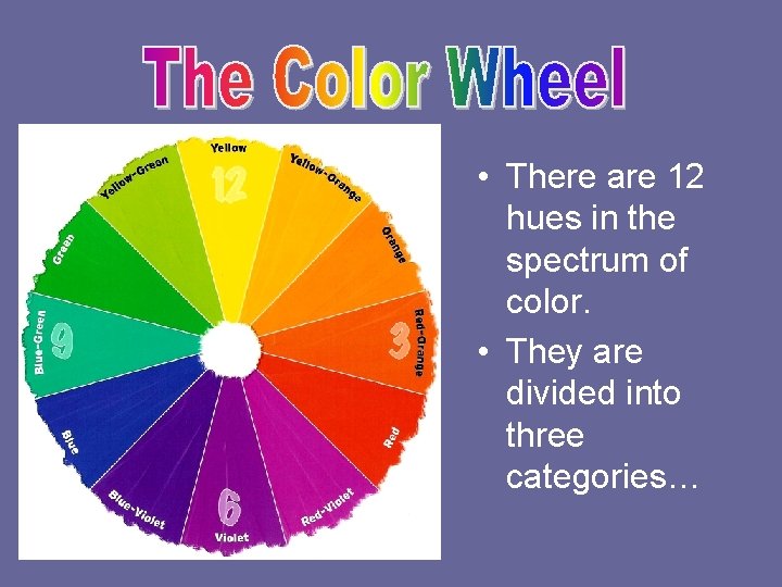  • There are 12 hues in the spectrum of color. • They are