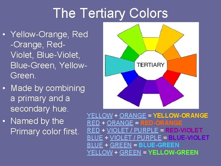 The Tertiary Colors • Yellow-Orange, Red. Violet, Blue-Green, Yellow. Green. • Made by combining