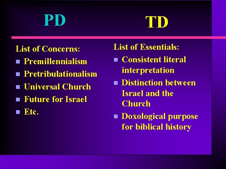 PD TD List of Concerns: n Premillennialism n Pretribulationalism n Universal Church n Future PD TD List of Concerns: n Premillennialism n Pretribulationalism n Universal Church n Future