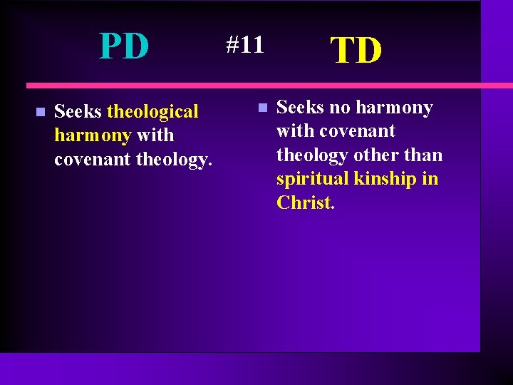 PD n Seeks theological harmony with covenant theology. #11 n TD Seeks no harmony PD n Seeks theological harmony with covenant theology. #11 n TD Seeks no harmony