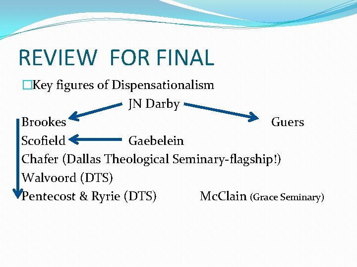 REVIEW FOR FINAL �Key figures of Dispensationalism JN Darby Brookes Guers Scofield Gaebelein Chafer REVIEW FOR FINAL �Key figures of Dispensationalism JN Darby Brookes Guers Scofield Gaebelein Chafer