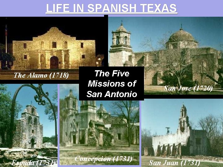 LIFE IN SPANISH TEXAS The Alamo (1718) Espada (1731) The Five Missions of San