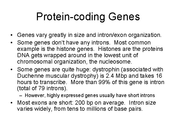 Protein-coding Genes • Genes vary greatly in size and intron/exon organization. • Some genes