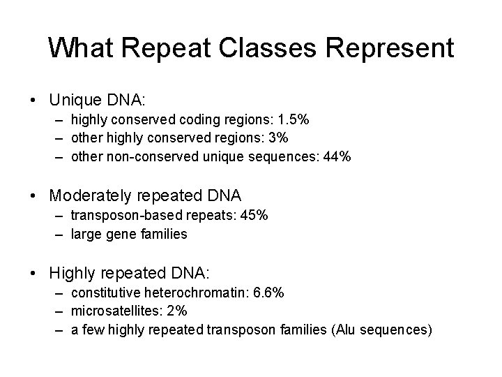 What Repeat Classes Represent • Unique DNA: – highly conserved coding regions: 1. 5%