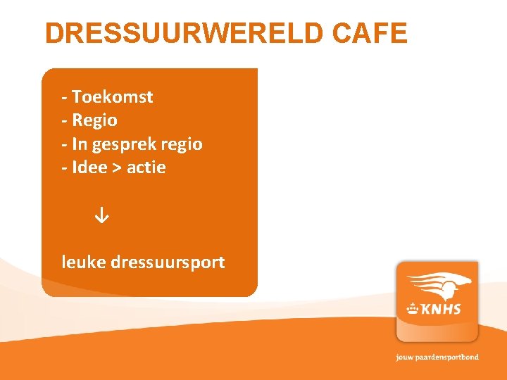 DRESSUURWERELD CAFE - Toekomst - Regio - In gesprek regio - Idee > actie