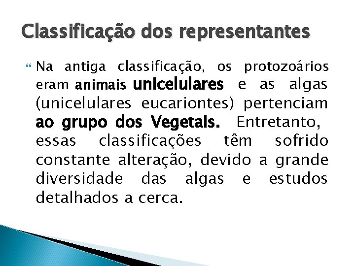 Classificação dos representantes Na antiga classificação, os protozoários eram animais unicelulares e as algas
