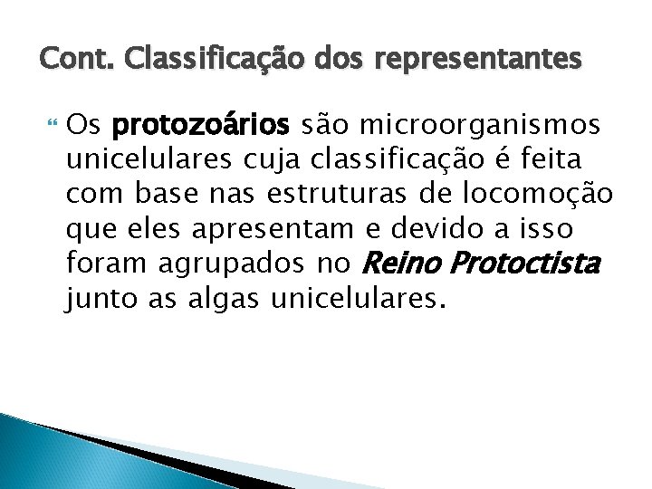 Cont. Classificação dos representantes Os protozoários são microorganismos unicelulares cuja classificação é feita com