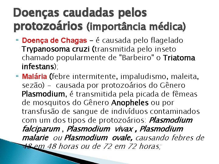 Doenças caudadas pelos protozoários (importância médica) Doença de Chagas - é causada pelo flagelado