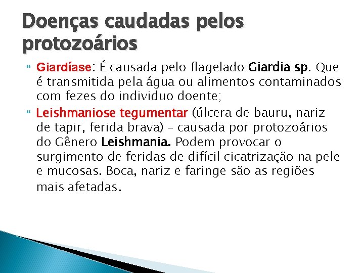 Doenças caudadas pelos protozoários Giardíase: É causada pelo flagelado Giardia sp. Que é transmitida