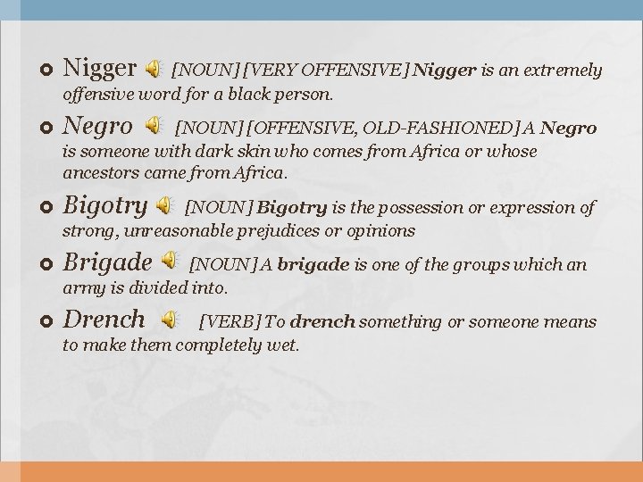  Nigger Negro Bigotry Brigade Drench [NOUN] [VERY OFFENSIVE] Nigger is an extremely offensive