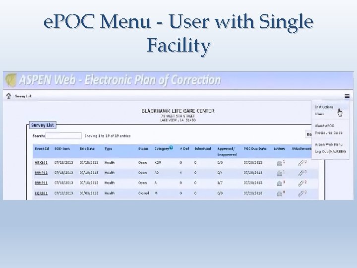 e. POC Menu - User with Single Facility 