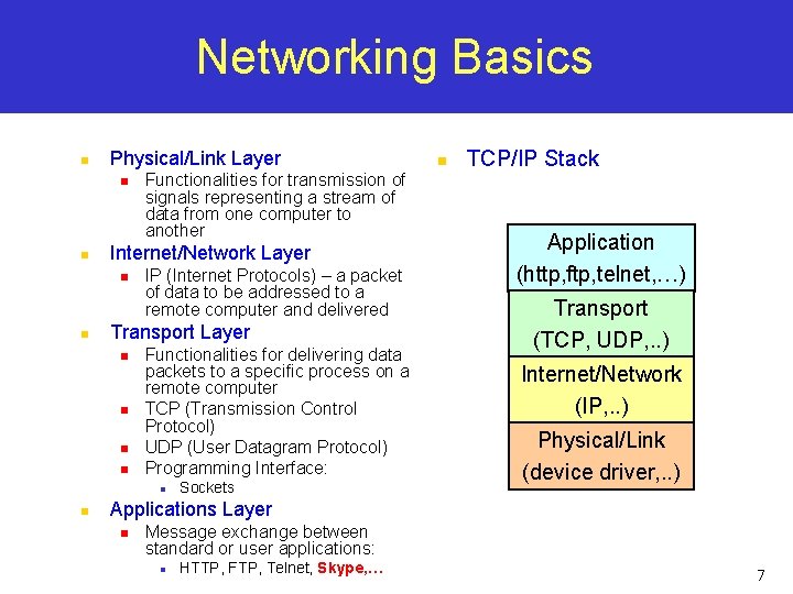 Networking Basics n Physical/Link Layer n n Internet/Network Layer n n Functionalities for transmission