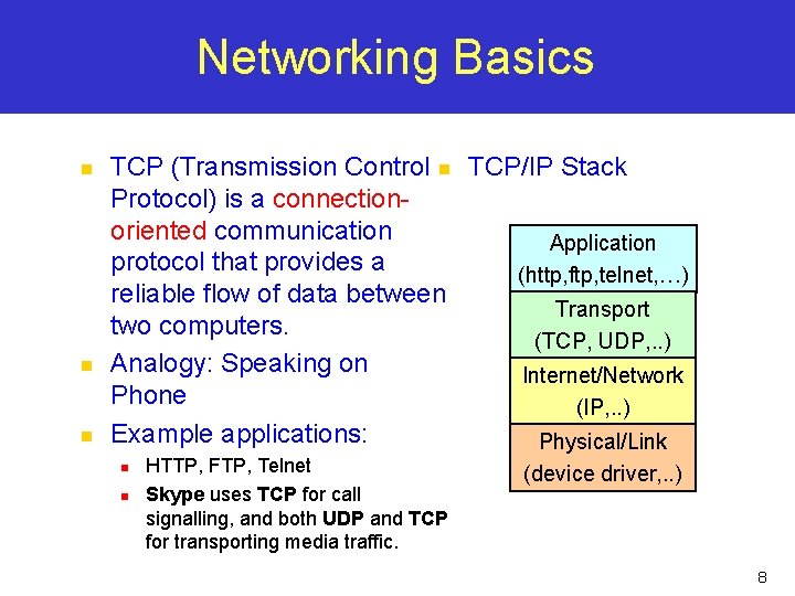 Networking Basics n n n TCP (Transmission Control n TCP/IP Stack Protocol) is a