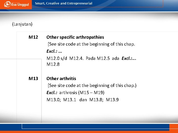 (Lanjutan) M 12 Other specific arthropathies [See site code at the beginning of this
