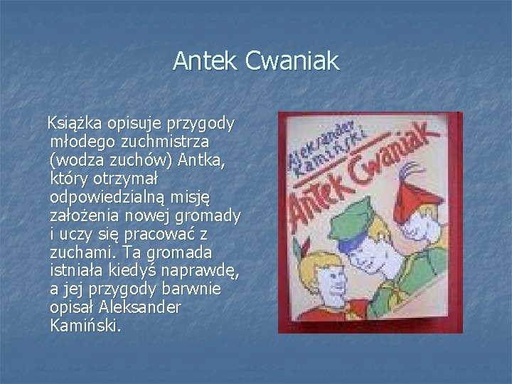 Antek Cwaniak Książka opisuje przygody młodego zuchmistrza (wodza zuchów) Antka, który otrzymał odpowiedzialną misję