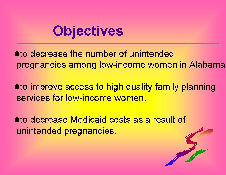 Objectives lto decrease the number of unintended pregnancies among low-income women in Alabama. lto