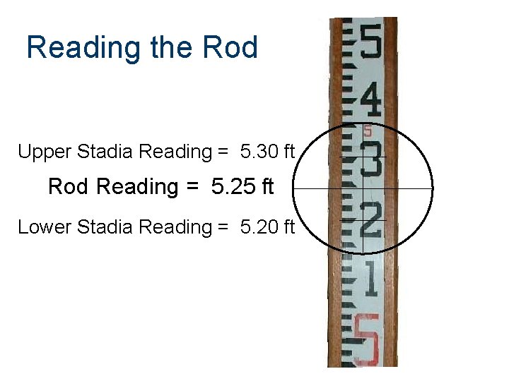 Reading the Rod Upper Stadia Reading = 5. 30 ft Rod Reading = 5.