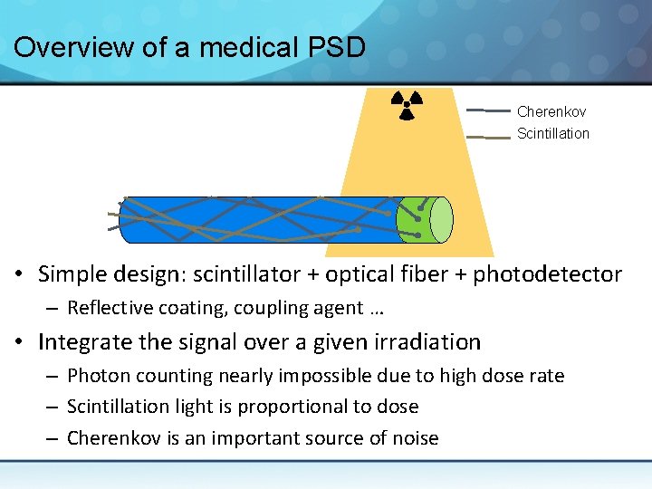 Overview of a medical PSD Cherenkov Scintillation • Simple design: scintillator + optical fiber