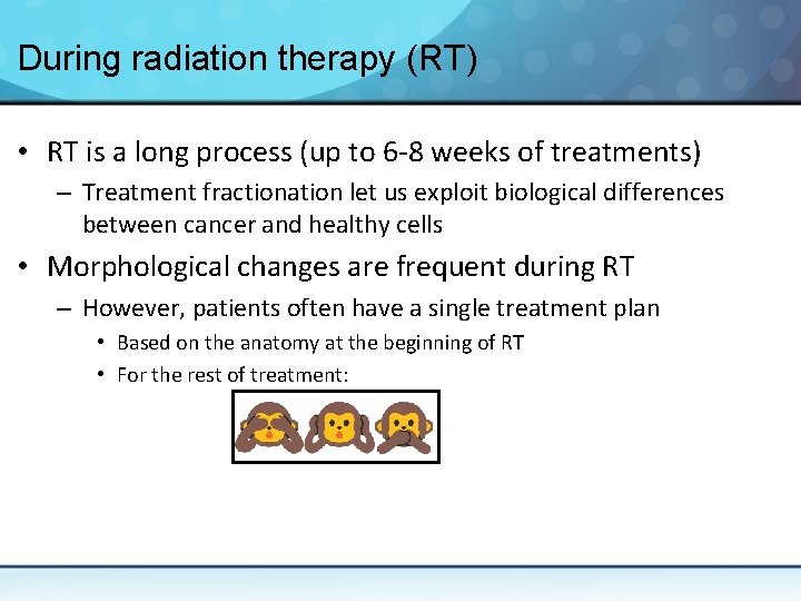 During radiation therapy (RT) • RT is a long process (up to 6 -8