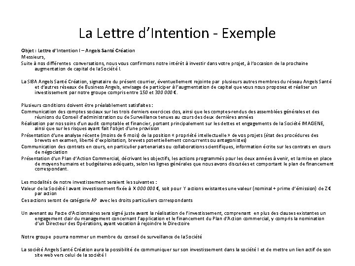 La Lettre d’Intention - Exemple Objet : Lettre d’Intention I – Angels Santé Création