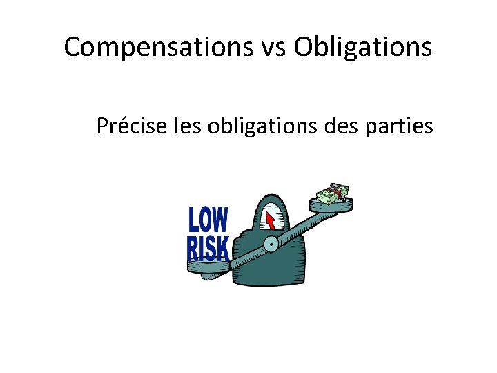 Compensations vs Obligations Précise les obligations des parties 