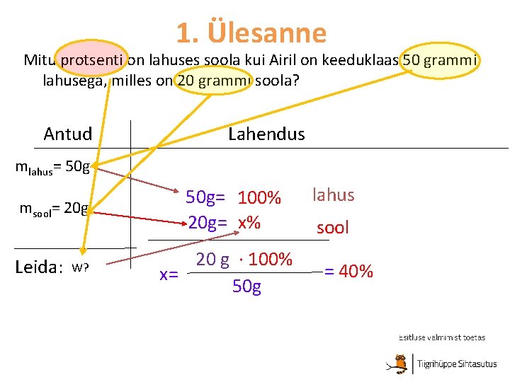 1. Ülesanne Mitu protsenti on lahuses soola kui Airil on keeduklaas 50 grammi lahusega,
