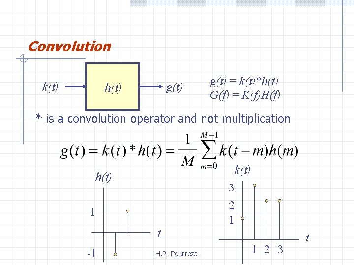 Convolution k(t) g(t) h(t) g(t) = k(t)*h(t) G(f) = K(f)H(f) * is a convolution