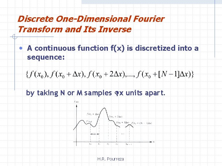 Discrete One-Dimensional Fourier Transform and Its Inverse • A continuous function f(x) is discretized