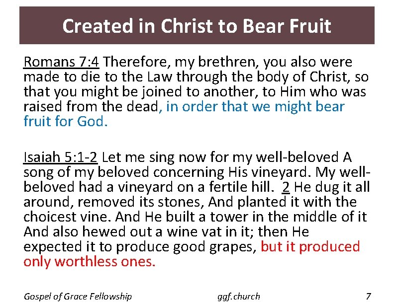 Created in Christ to Bear Fruit Romans 7: 4 Therefore, my brethren, you also