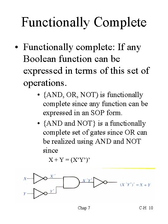 Functionally Complete • Functionally complete: If any Boolean function can be expressed in terms