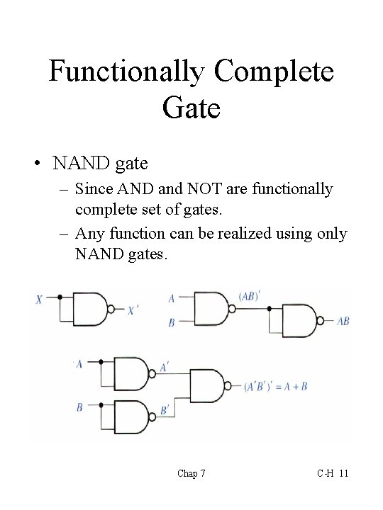 Functionally Complete Gate • NAND gate – Since AND and NOT are functionally complete